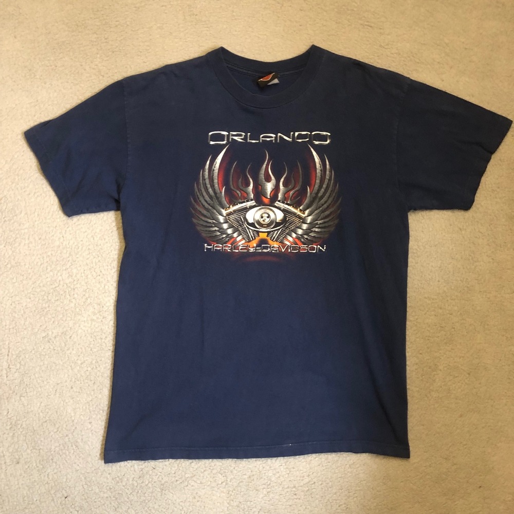 Vtg 2007 Harley Davidson Flames Chrome Engine‎ T Shirt Navy Blue Wings L